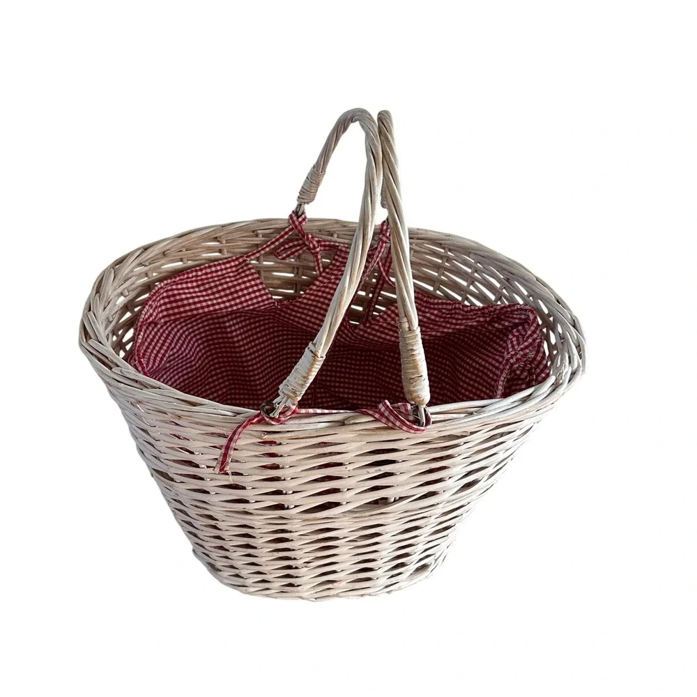 Whitewash Wicker Picnic Basket Red Gingham Liner Double Handle Farmhouse Storage